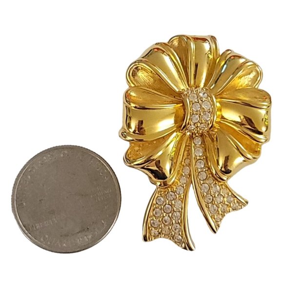 Swarovski Swan Signed Gold Tone Clear Crystal Ribbon Bow Brooch Pin K924 - Picture 5 of 7